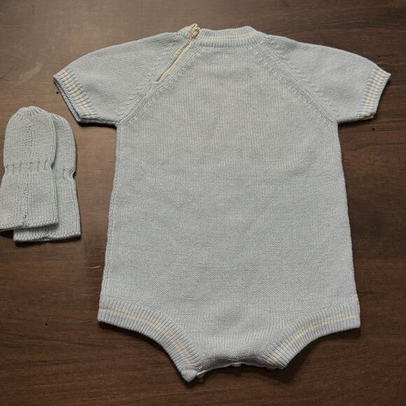 Vtg Italy Knit Romper Baby Blue One Piece Sz 3m mittens Strawbridge & Clothier - Picture 7 of 11